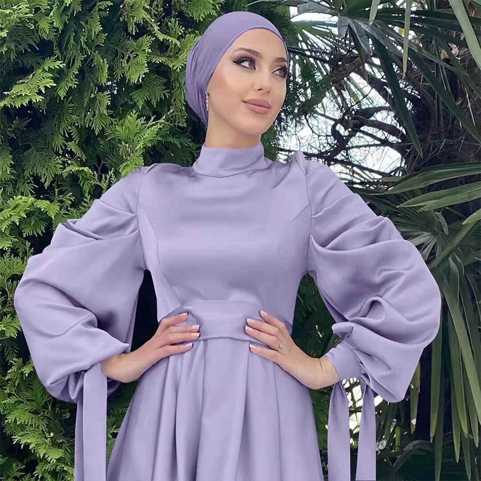 Fashion Gentle Light Long Maxi Muslim Dress Elegant Bow Lace Up Slve Tunic Waist Temperament Islamic Prayer Clothes X250514