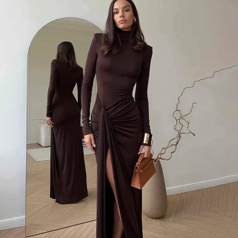Womens Fashion Long Sleeve Draped Bandage Bodycon Club Long Dresses Elegant Solid Womens Turtleneck High Split Maxi DressXJ250514