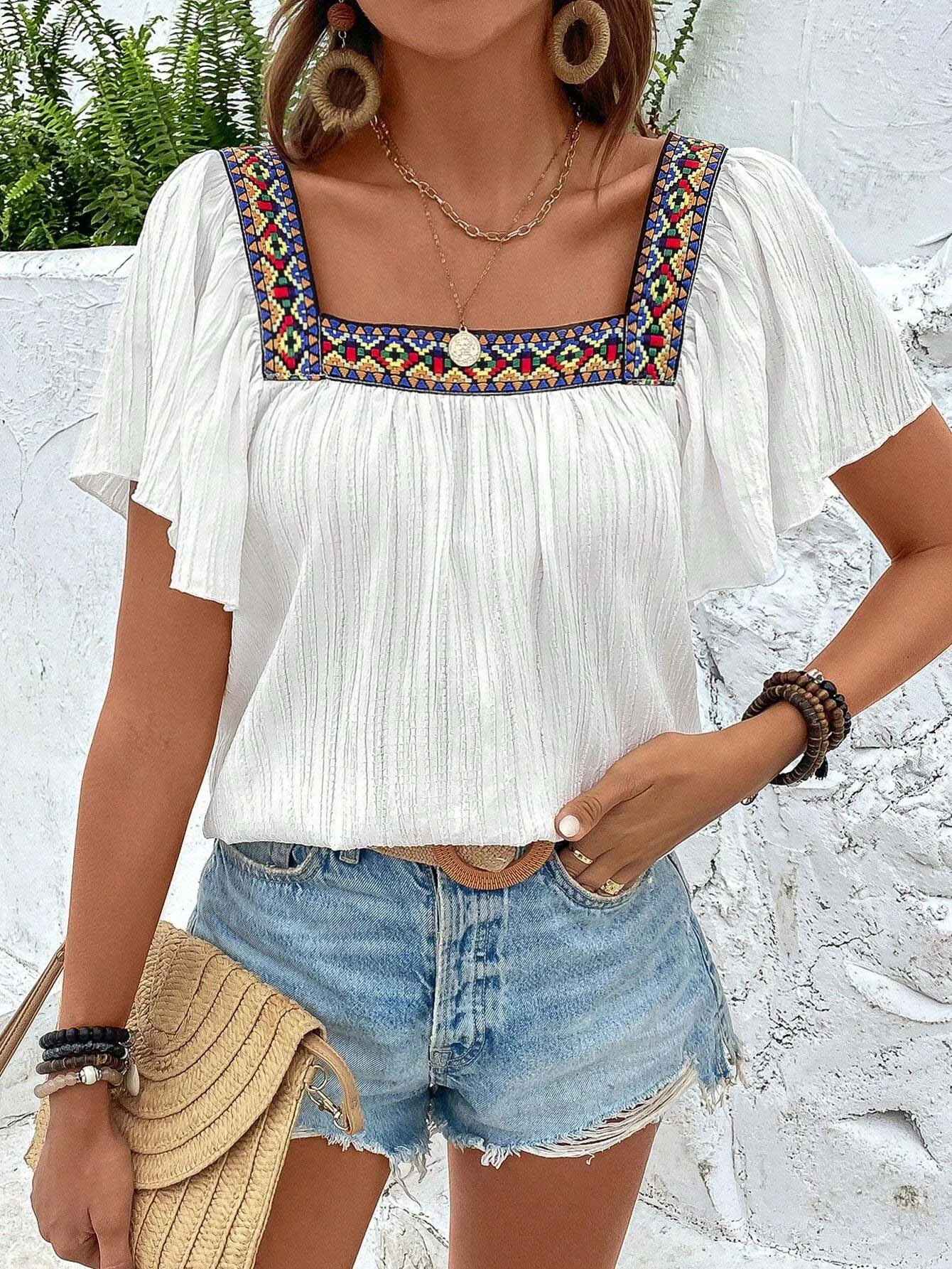 European and American womens elegant fashionable personalized ed square collar bat sleeve irregular shirt 250514