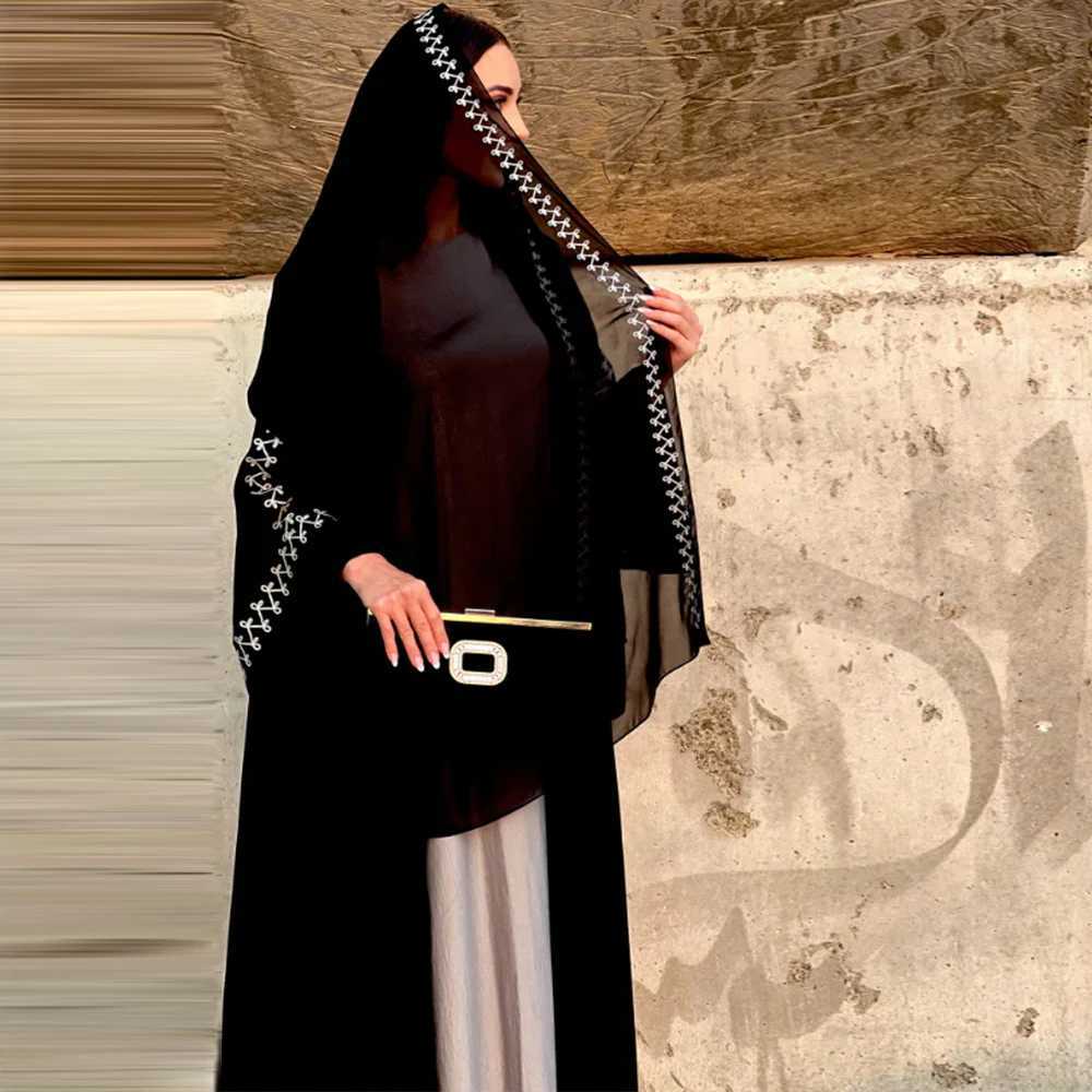 2025 New Fashion buckle embroidered Abaya headscarf dress kimono jacket womens long slved loose Arab Muslim Dubai Moroccan X250514