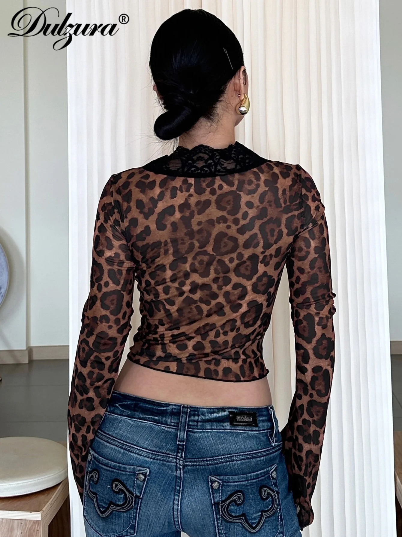 Dulzura Lace Patchwork Leopard Long Sleeve TShirt Sexy WomenS Autumn Winter Clubwear Birthday Evening Party Y2K Clothes 250514