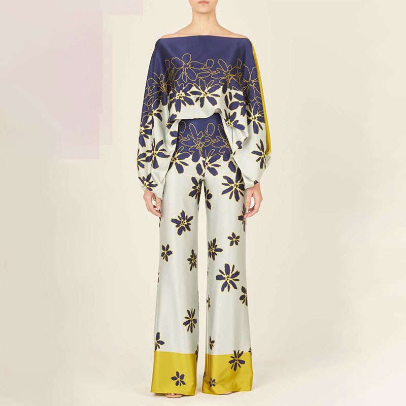 2025 New Loose Bat Sleeve Top Wide Leg Pants Fashion Set Womens Two Piece Set Gentle Wind High Elasticity Washable Printing Fashion New Pattern New Ar