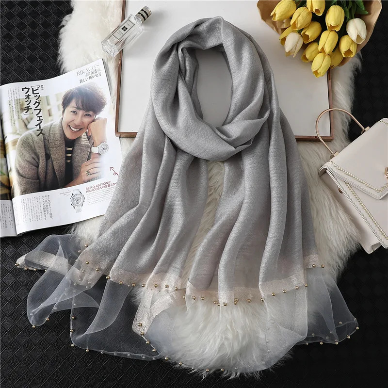 Fashion Women Silk Cotton Blend Scarf Shawl Plain Soft Wild Beaded Turban Match Ladies Travel Sun Protection Scarves 250514