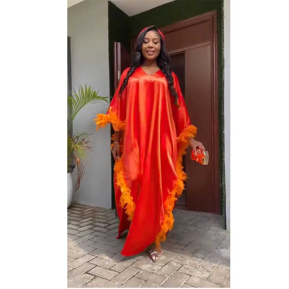Elegant African Feather Dresses for Women Muslim Bat Slve Boubou Abaya Robe Dashiki Ankara Evening Gown Kaftan Long Maxi Dress X250514