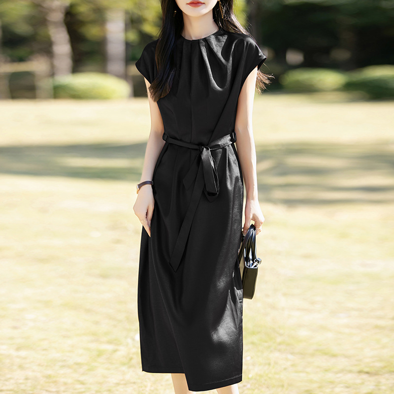 MUU170 Summer new women's round neck long skirt mid-length knee-length pleated slimming temperament dress