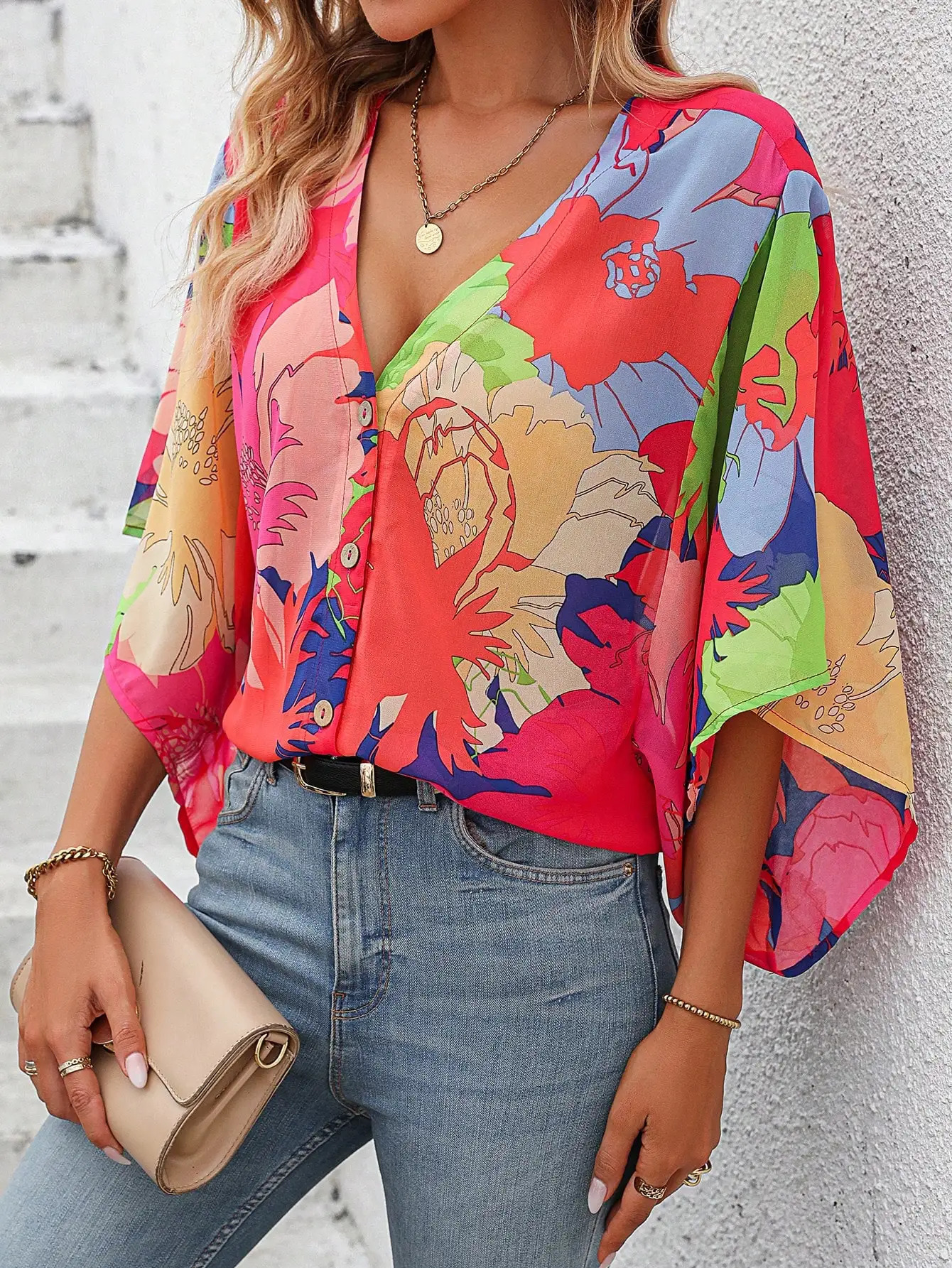 Elegant and stylish womens shirt deep Vneck button midsleeve bat sleeve fullbody printed Bohemian vacation style 250514