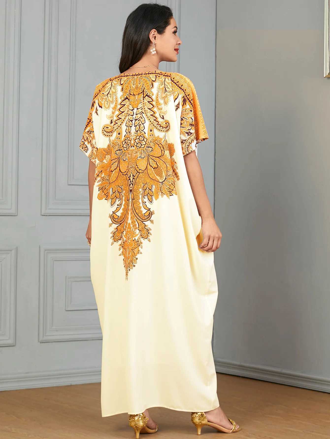 Morocco Summer Loose Kaftan Women Muslim Print Short Slve Maxi Dress Dubai Abaya Turkey Caftan Marocain Femme Robe Vestidos X250514