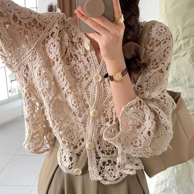 Long Sleeve Crochet Knit Top Beach Bikini Cover Up Buttonup Cardigan Blouse Women blusas para mujer Vacation Boho Outfit 250514