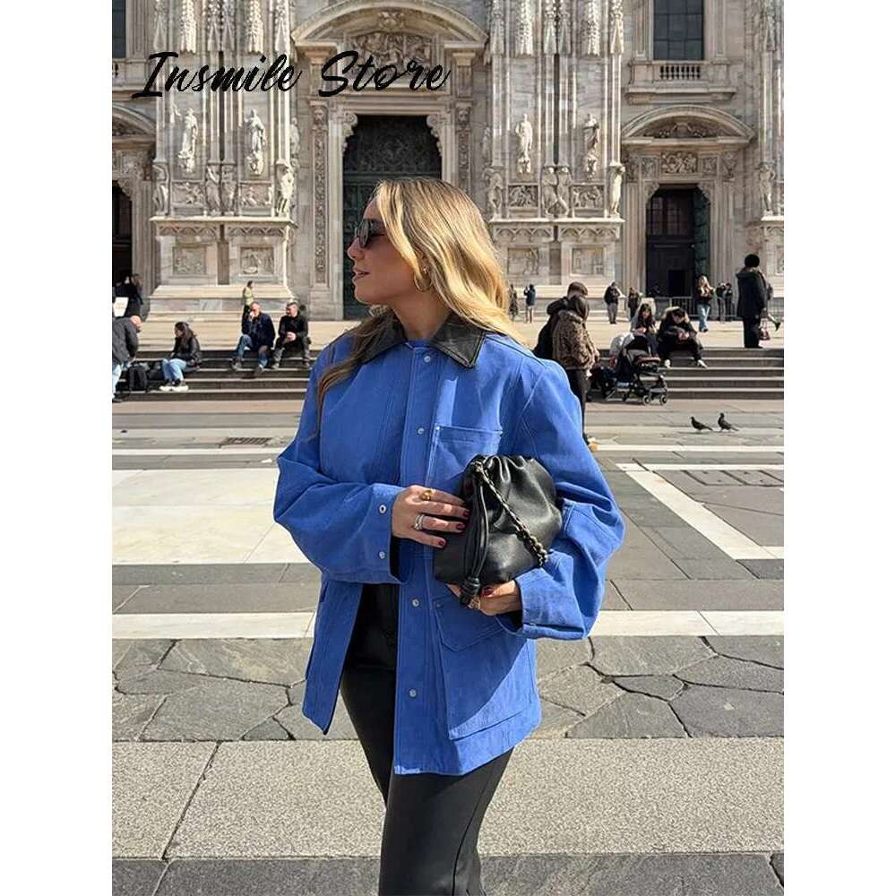 Casual Patchwork Women Jacket Turn Down Collar Long Sleeve Pockets Loose Female Jackets 2025 Spring New Fashion Lady Streetwear