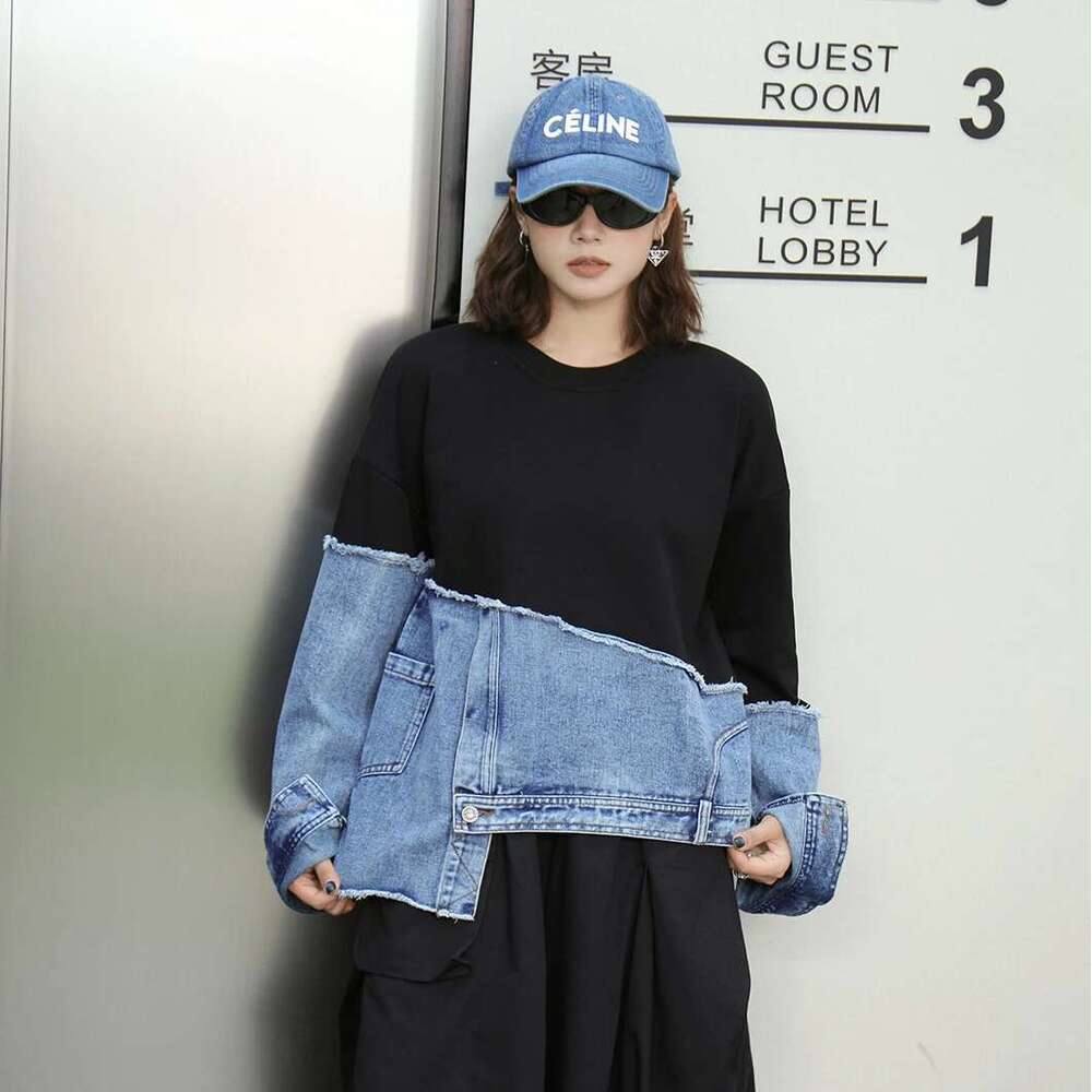 240920 Sweatshirt Women's Personality Asymmetrical Denim Splicing Loose Casual Top Autumn Winter Fashion Versatile Tops Designer