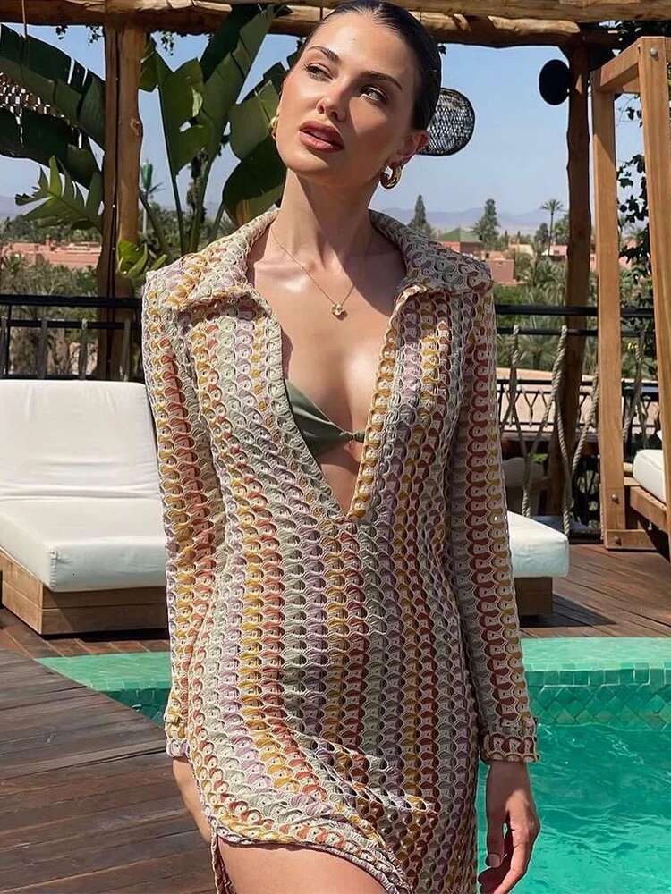2025 Women's Elegant Crochet Sexy See Through Bodycon Maxi Dress Long Sleeve Cover-Ups Knitted Beach Swimsuit Cover Up A2819