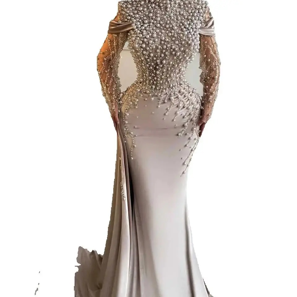 Luxurious Pearls Prom Dresses Mermaid High Neck Celebrity Evening Dresses Sequined Party Gown Vestidos De Noche Customized