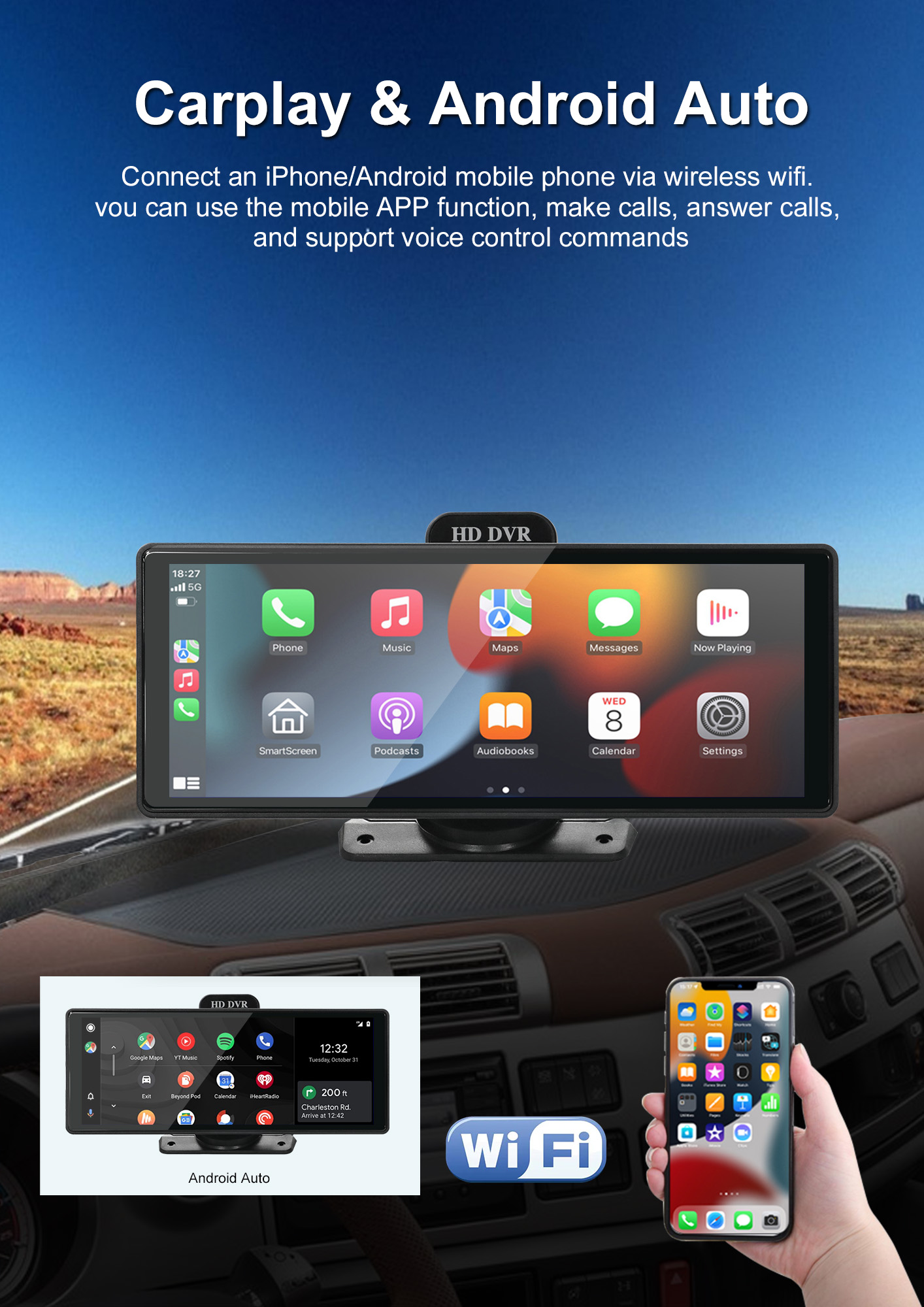 BY-CS102 10.26" IPS Touchscreen Car Display with Dual 1080P Cameras Wireless CarPlay/Android Auto Global Certified & OEM Support