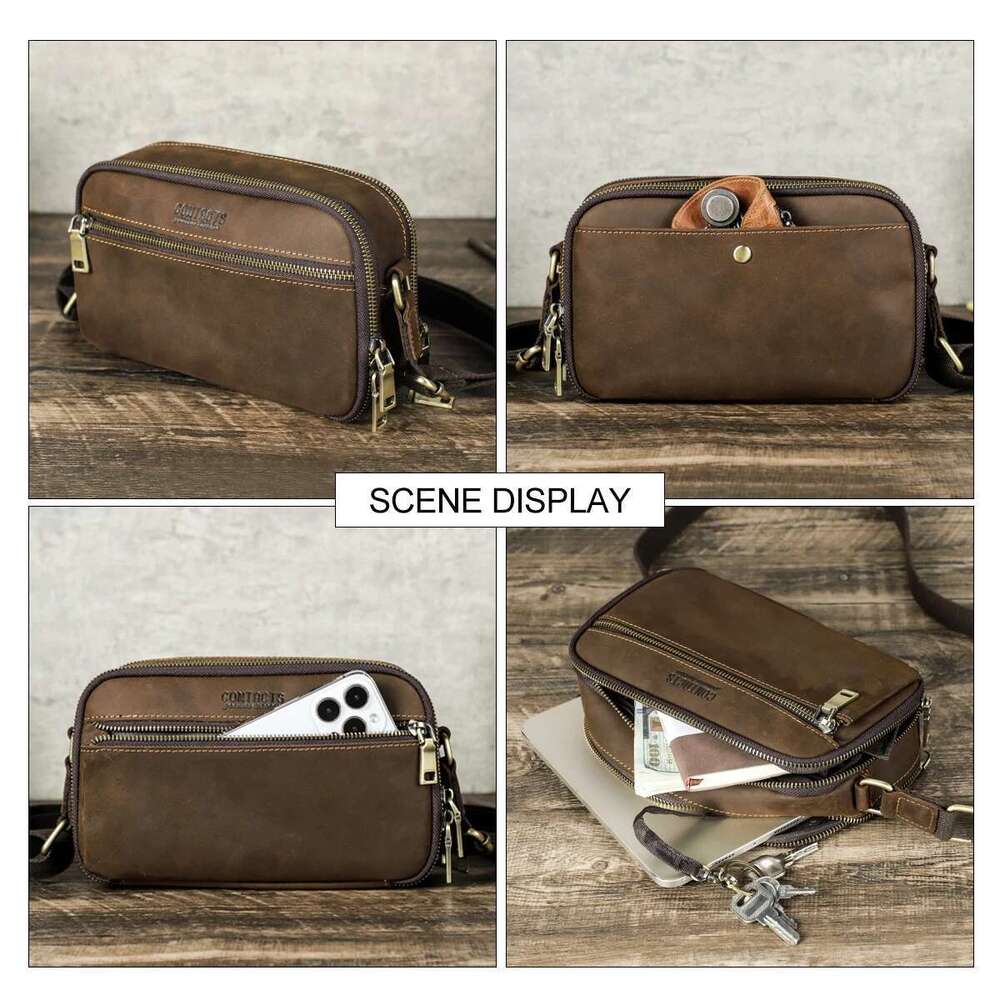 Vintage Crazy Horse Leather Men's Shoulder Small Male Crossbody Travel Retro Design Business Casual Messenger Bag For Man