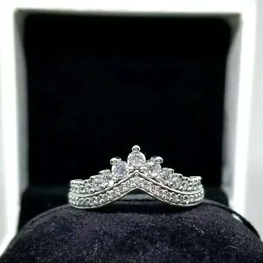 2025 Mothers Day 925 Silver Princess Crown Sparkling Zircon Rings for Women V-shape Wedding Anniversary High Quality Ring 250509