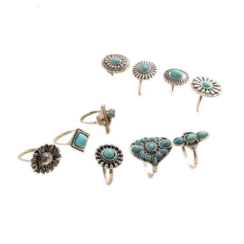 New Ring Exaggerated Geometry Flower Pine Stone Water Drop Ten Piece Set