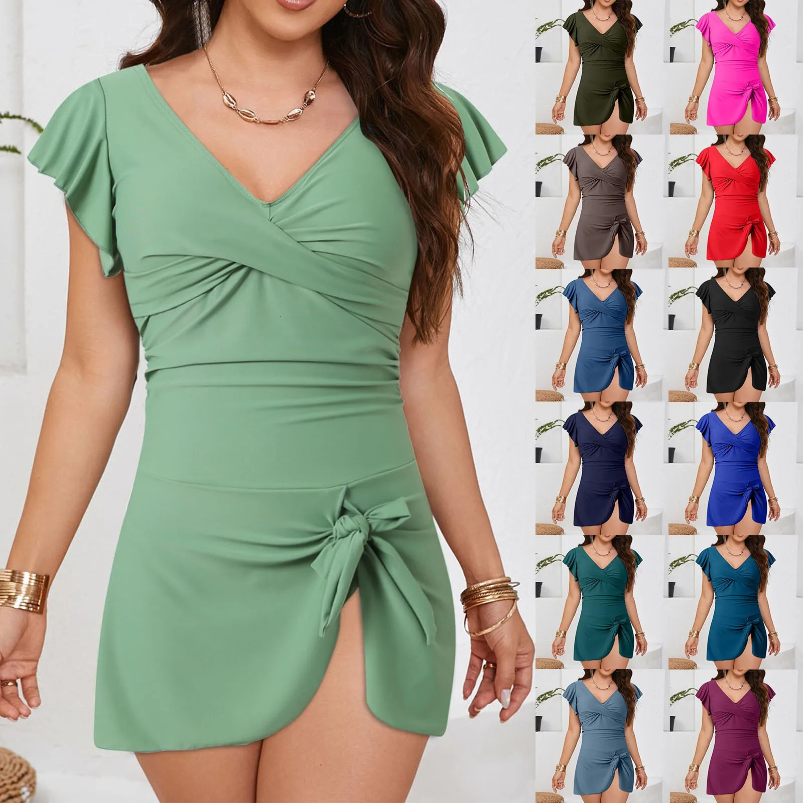 Summer Conservative Bathing Suit Women One-Piece Monokini Wrapped Knot Ruffles V-Neck Beach Sundress Swimwear Plus Size 6XL 250509