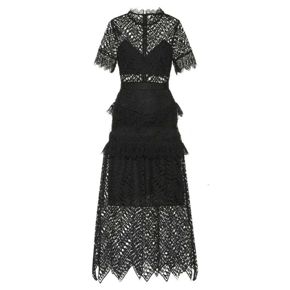 VGH Vintage Lace Irregular Dresses For Women Stand Collar Short Sleeve High Waist Spliced Ruffles Sexy Sheer Folds Dress Female