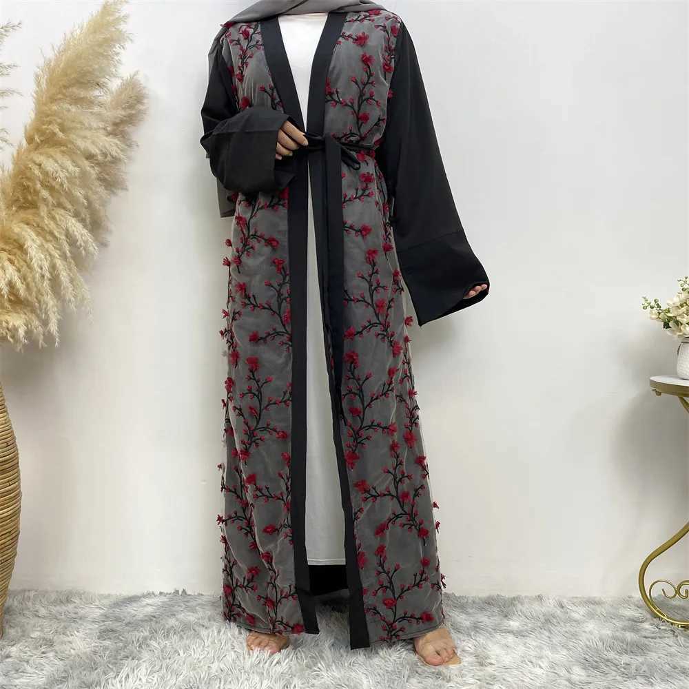Flower Open Abaya Dubai Turkey Kaftan Women Muslim Embroidery Maxi Dress Eid Fashion Jalabiya Islamic Robe Ramadan Caftan Kimono X250514