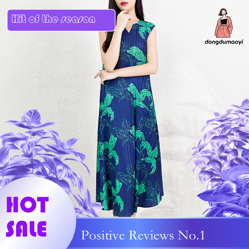 dongdumaoyi Miyake pleated plus size loose dress summer floral print waist cinching slimming A line skirt