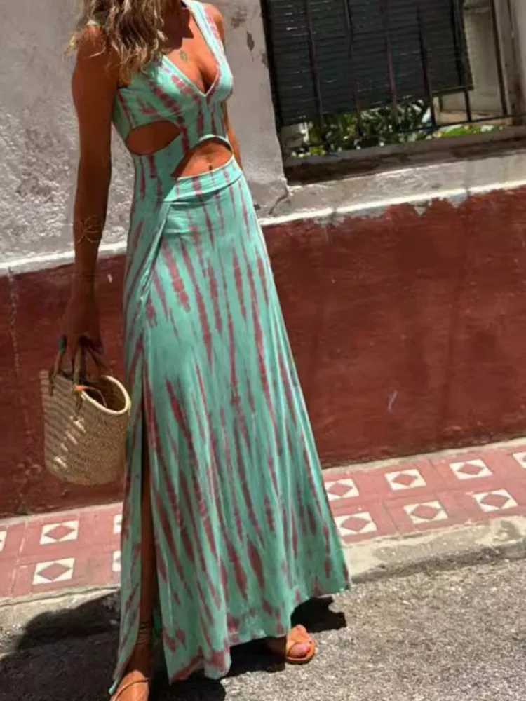 Women Boho Dress Fashion Sexy V Neck Sleeveless Backless Hollow Long Dresses Lady Beach Holiday Dress Women Clothes Summer NewXJ250514