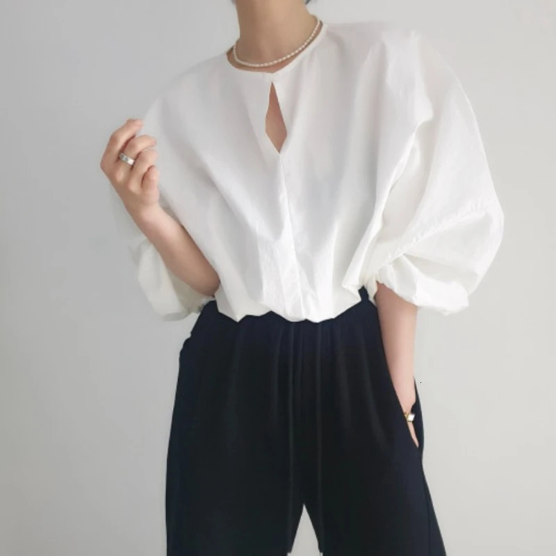 REALEFT Spring Summer Lantern Sleeve Womens Blouses Oneck Office Lady Casual Loose White Shirts for Women 250514