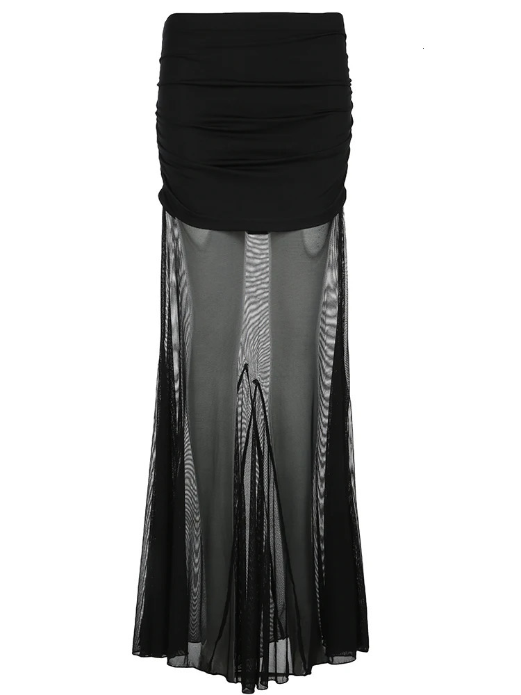 Cuteandpsycho Vintage Sexy Solid Mesh Skirts Low Waisted Y2K Aesthetic Korean Outfits Clubwear Long Black Knitted Womens Bottom 250514