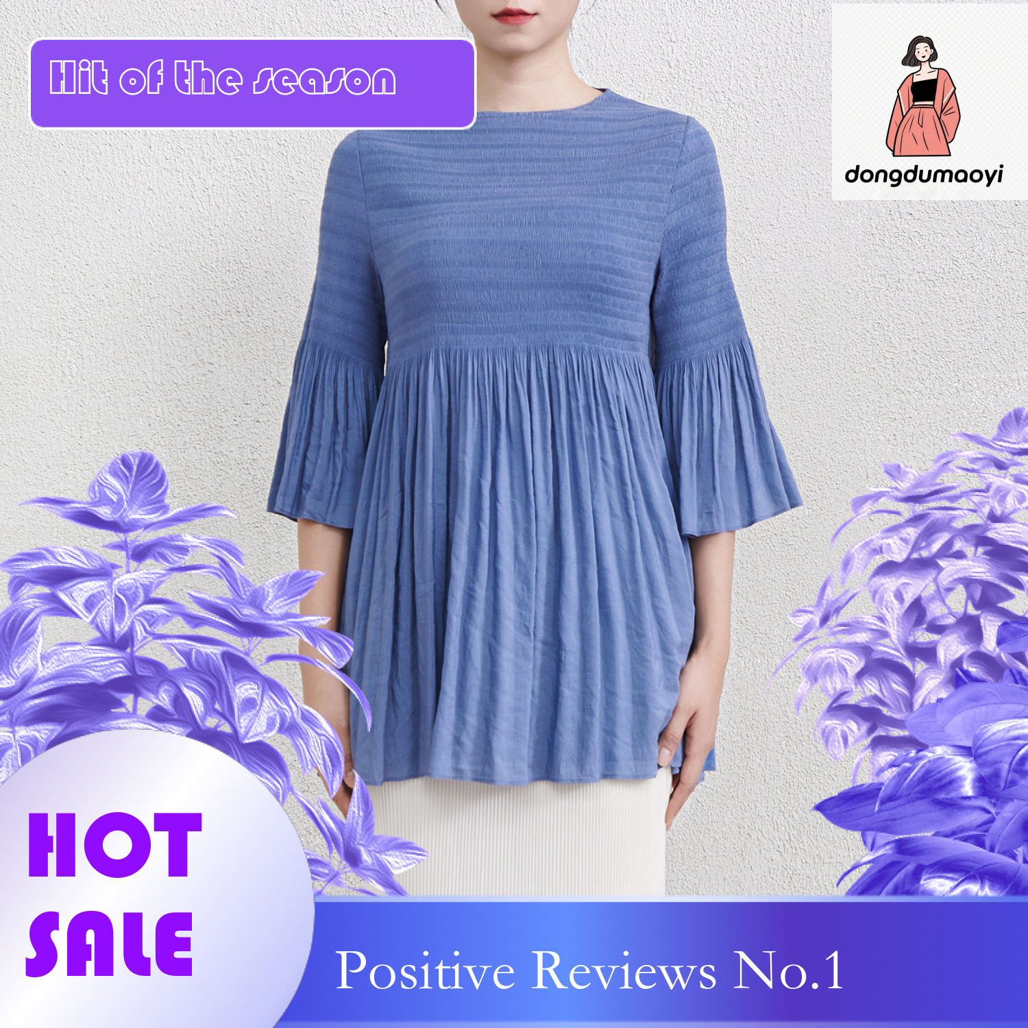 dongdumaoyi Miyake trumpet sleeve round neck pleated T-shirt 2025 spring new large loose medium long style slimming top for women