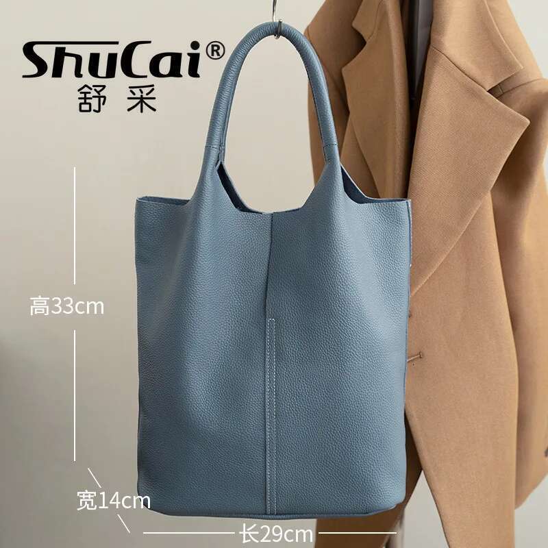 Genuine Leather Commuter Simple Ladies Soft Cowhide Tote Shoulder Handbag Large Capacity Women Bucket Bag 2025 New