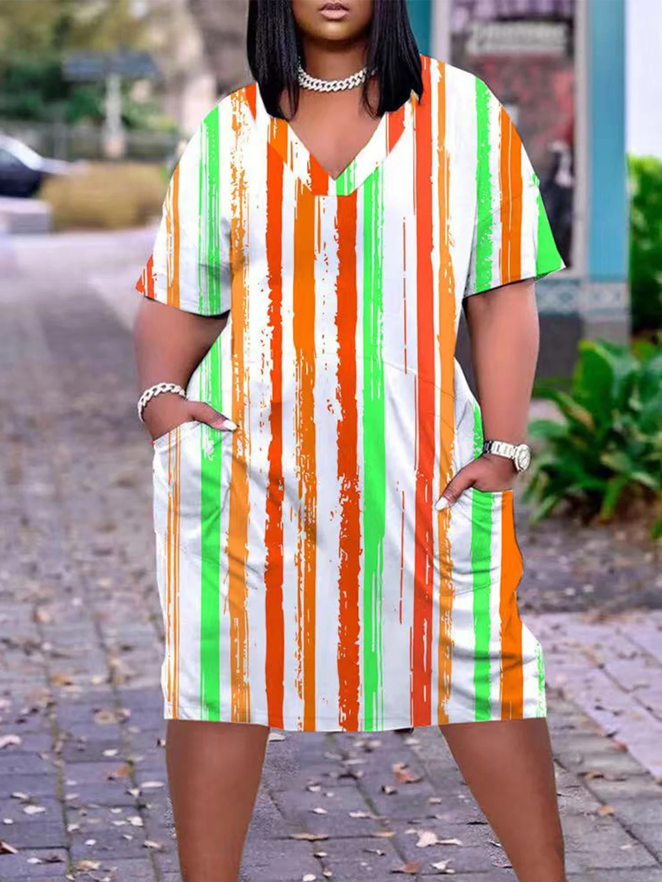 Large size fashionable and casual versatile colorful striped print dress with pockets 250509