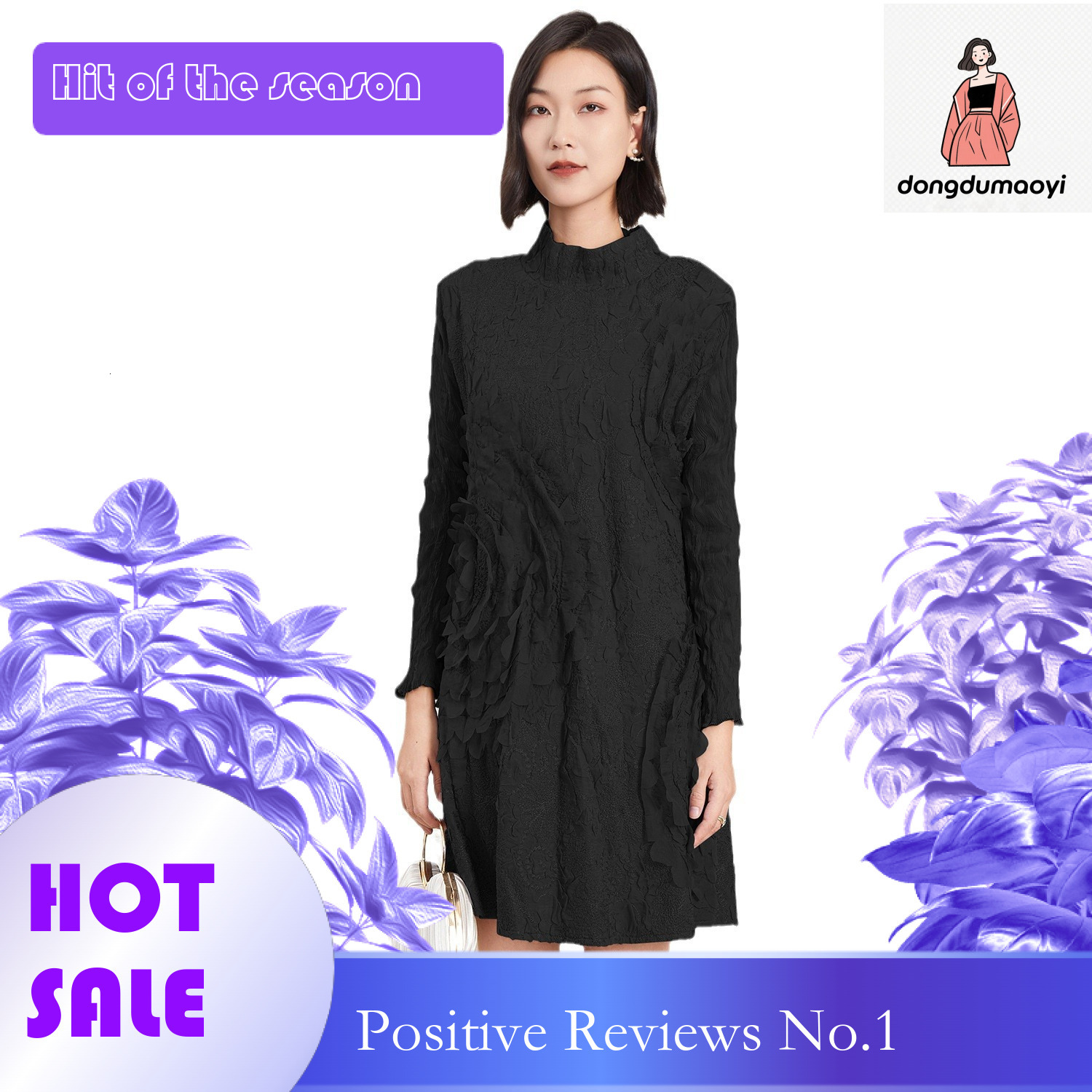 dongdumaoyi Miyake dress early autumn new loose socialite style long sleeved semi high neck mid skirt pullover embroidered large swing
