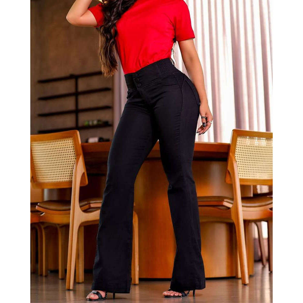 Y2k Pants Undefined Neighbor Devise 2025 Head High Waist Button Elastic Slimming Wide Leg Long Jeans for Women New Product Fashionable Printing Solid 