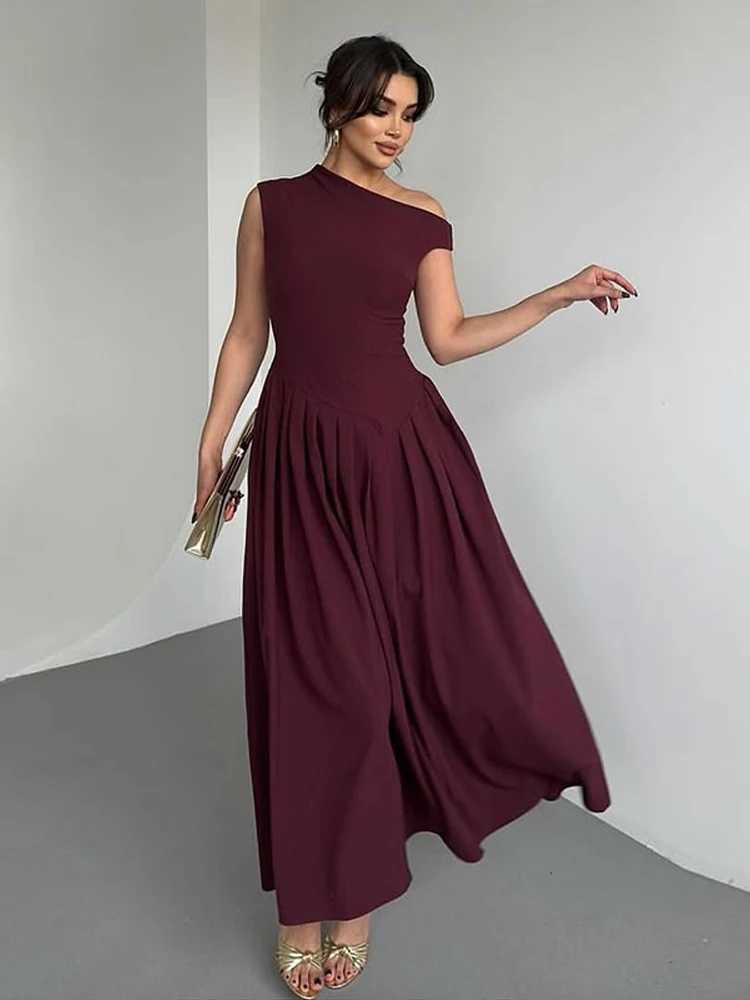 Elegant Long Dress Women Loose Skew Collar Sleeveless A Line Robe Female 2025 Spring Summer Solid Fashion High Waist Dress LadyXJ250514