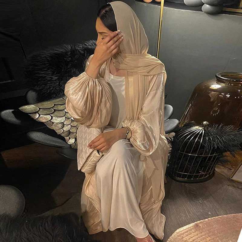 Chic Glitter Muslim Kimono Abaya Puff Slve Retro Ethnic Cardigan Robe Dubai Middle Eastern Saudi Arabia Eid Clothes Outwear X250514