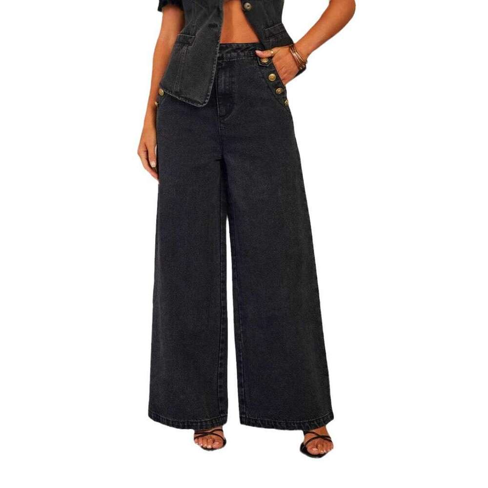 New American Solid Color Loose and Fashionable Long Sleeved Denim Suit Style Wide Leg Pants Washable High Elasticity Ventilation Solid Fashion New Arr