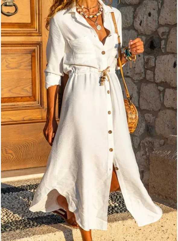 2025 Spring Cotton Oversize Women Dress Long White Button Loose Dresses Female New Summer Elegant Casual Trendy Ladies ClothesXJ250514