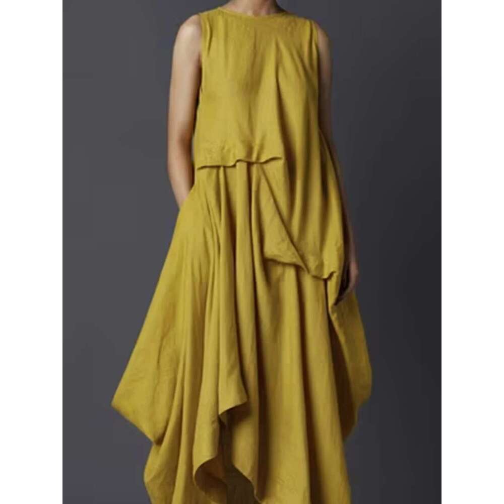 Women's Tank Pleated Pockets Vintage Asymmetric Hem Long Solid Minimalist Casual Round Neck Summer Female Dress
