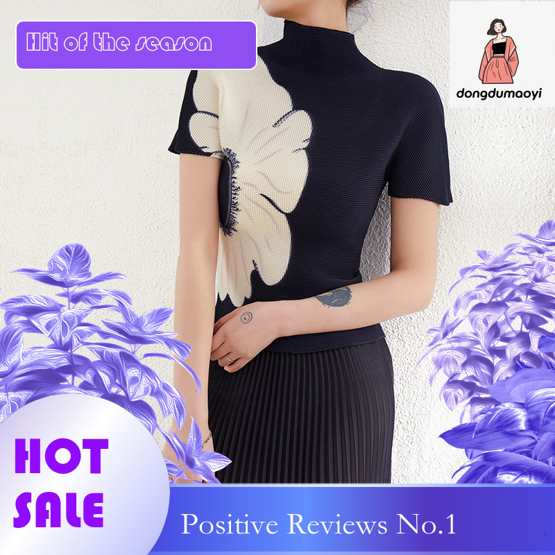 dongdumaoyi Miyake short sleeved stand up collar top women's pleated 2025 summer new item skin friendly high elasticity plus size slimming temper