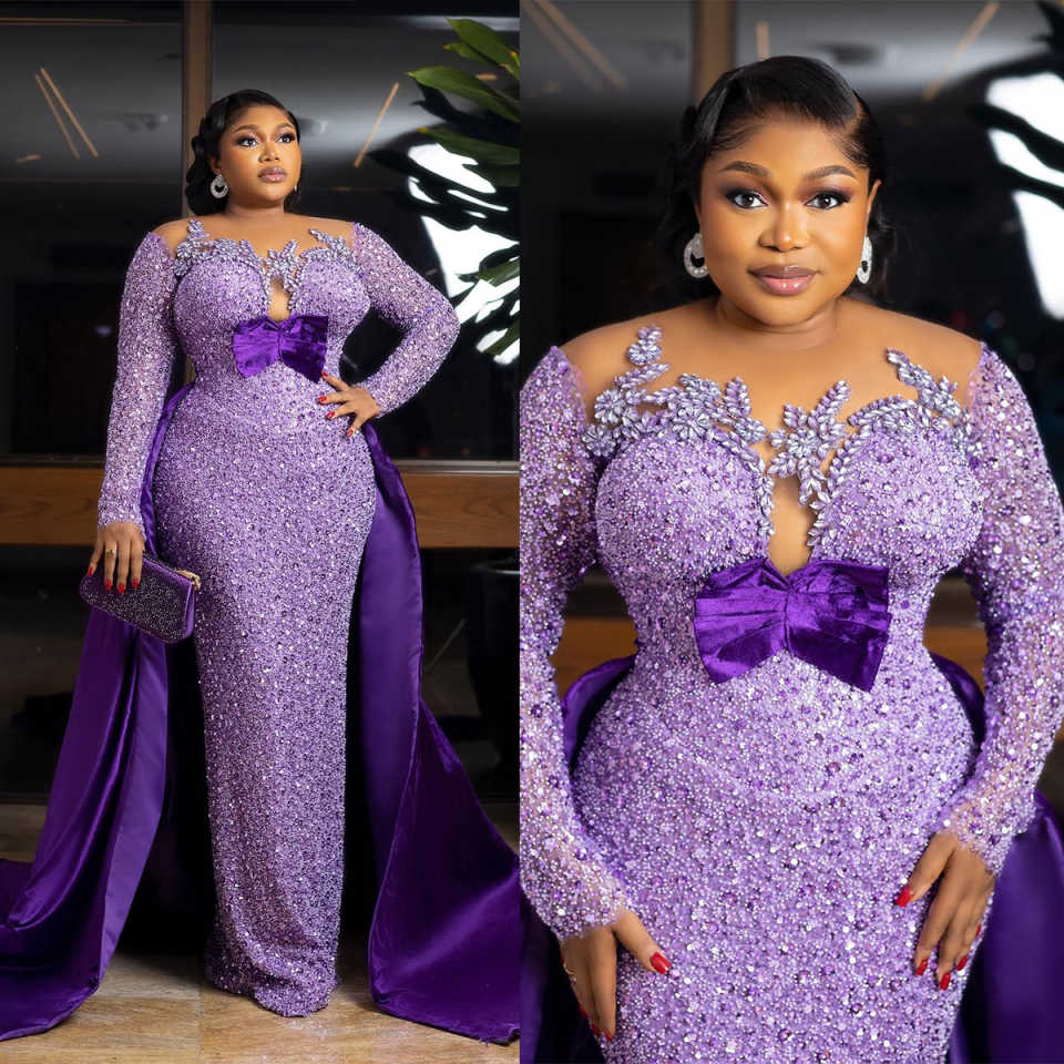 Luxurious Evening Dresses For Women Sheer Neck Long Sleeves Gown Sequins Crystal Dress Party Customized Dress