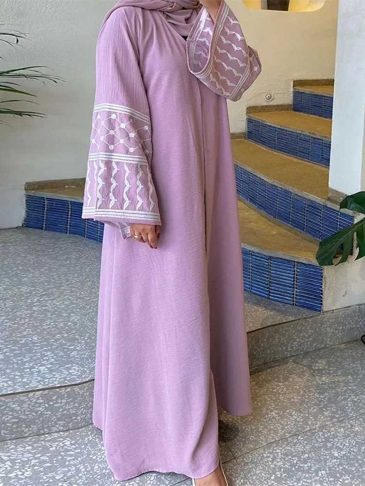 Linen Butterfly Embroidery Open Abaya Dubai Luxury 2024 Muslim Modest Kaftan Kimono Dresses Coat for Women Islam Clothing Ka X2505141