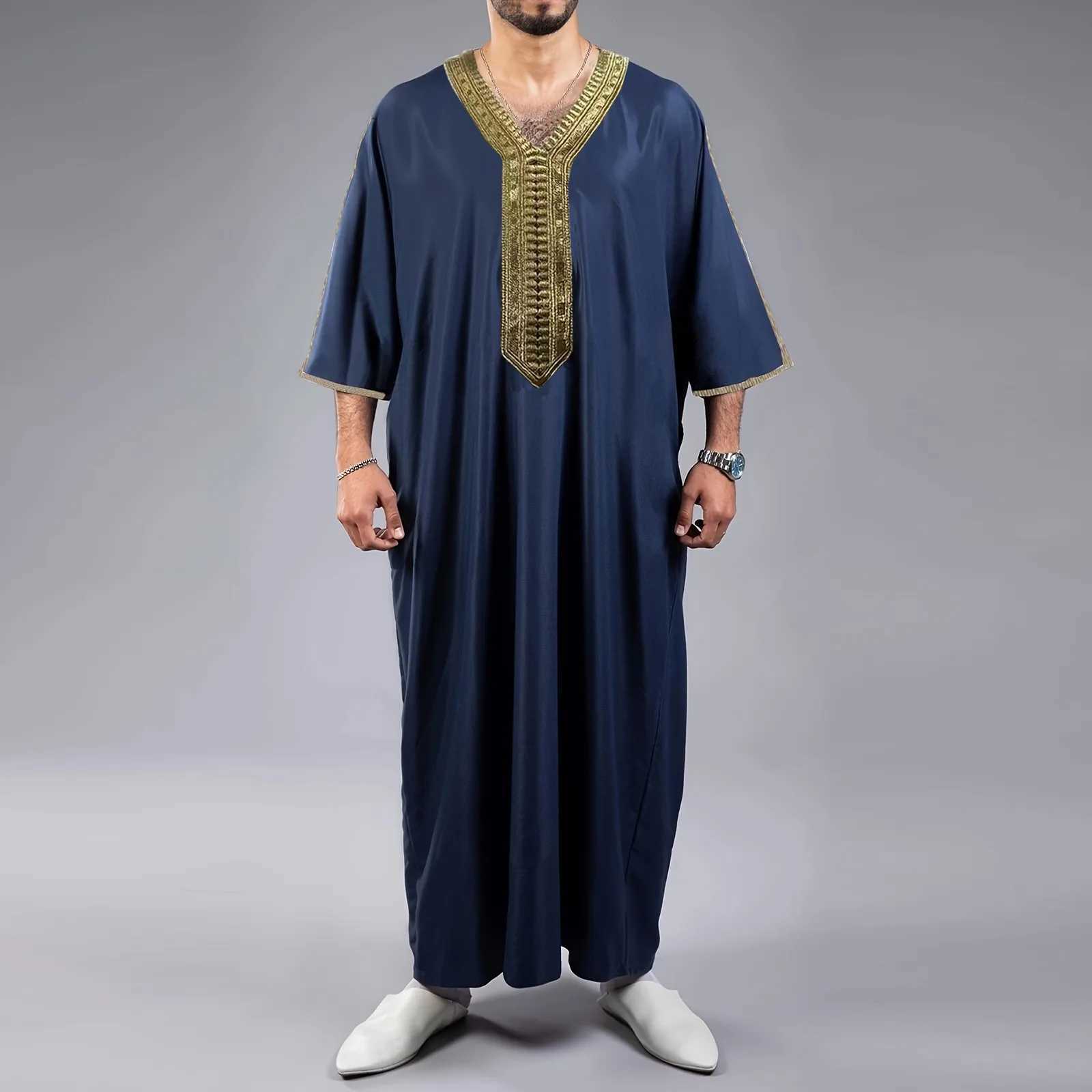 2025 Muslim Fashion Men Jubba Thobes Arabic Pakistan Dubai Kaftan Abaya Robes Islamic Clothing Saudi Arabia Black Long Blouse Dress X2505141