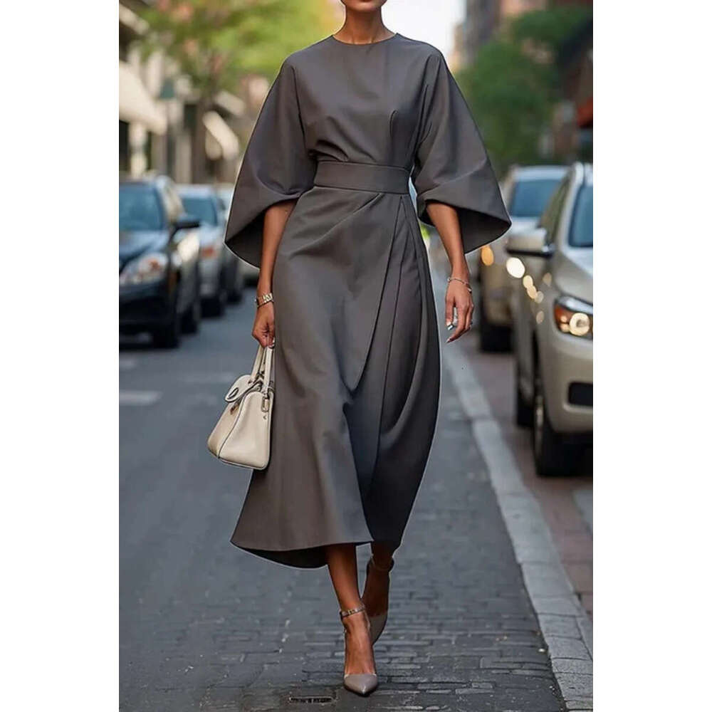 2025 Women's Fashion Elegant Solid Color Waist Casual Bat Sleeve Long Dress