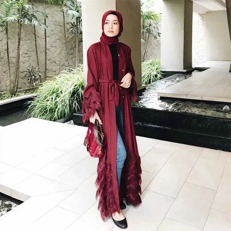 Elegant Thick Fluffy Lace Tassel Abaya Muslim Dress Full length Dubai Female Flare slve Islamic Dress wy1333 dropshiping X250514