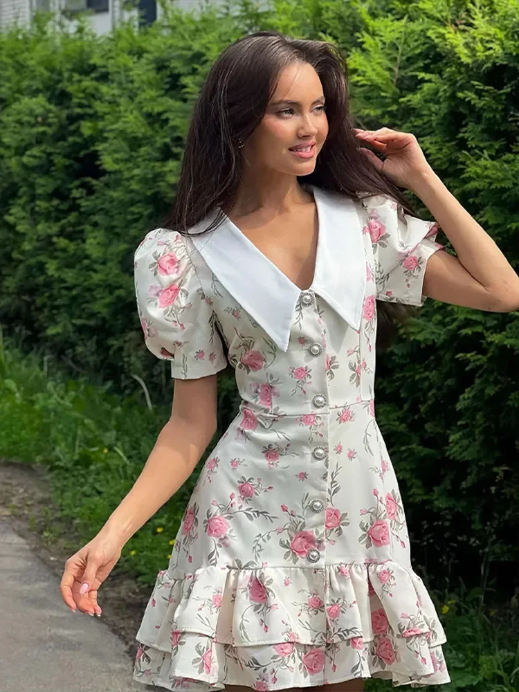 Flower Printed Lapel Mini Dress Women Casual Daily Short Sleeved V Neck Aline Fluffy Vestido Summer Holiday Robe 250514