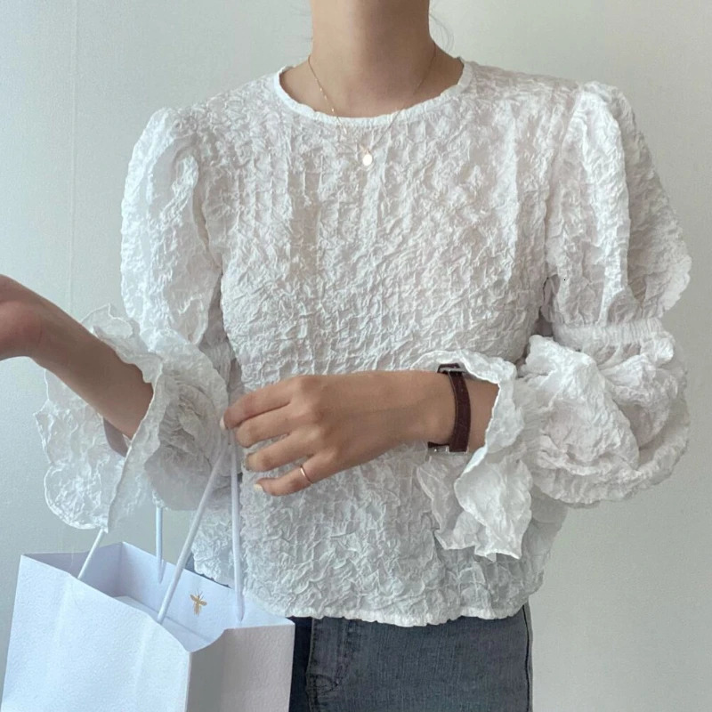 REALEFT Spring Summer Lantern Sleeve Womens Blouses Long Oneck Puff Casual White Shirts for Women 250514