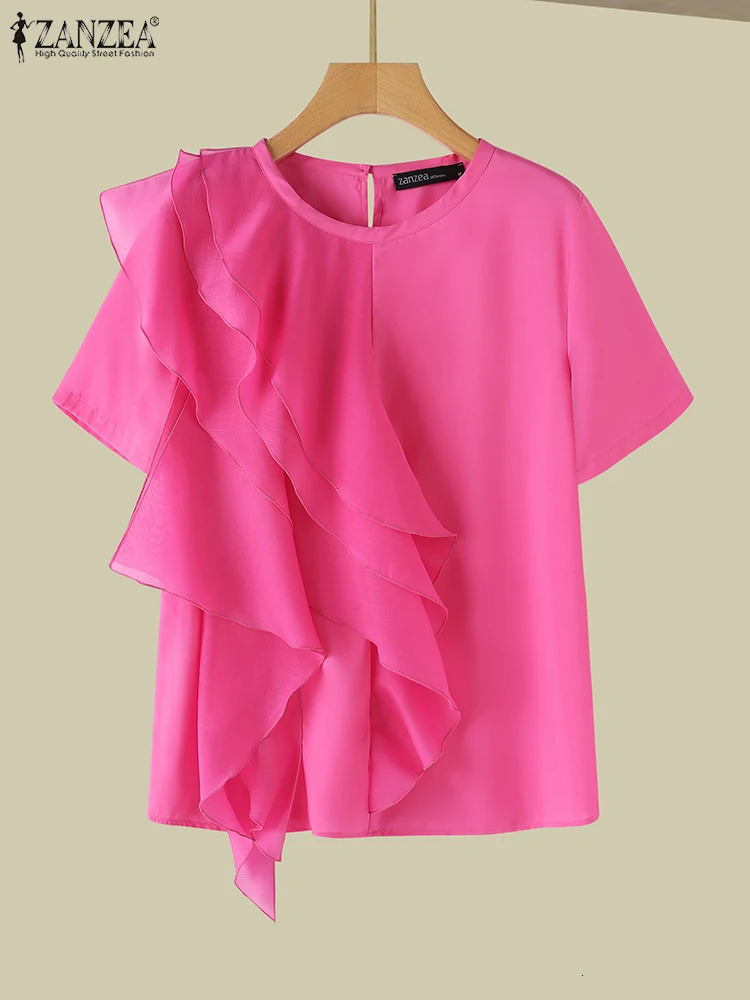 ZANZEA Women Ruffled Stitching Blouse Fashion Holiday Oneck Tops Summer Short Sleeve Tunics Casual Loose Solid Blusa Femme 250514