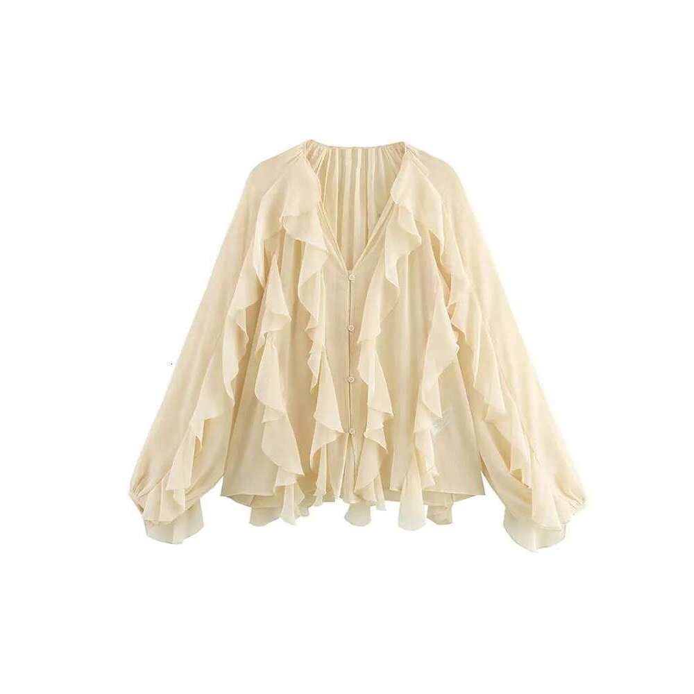 VEITCHE Spring Summer Women Fashion Casual Ruffles Blouses Semi-Sheer Loose V Neck Tiered Single Breasted Solid Color Chic Tops