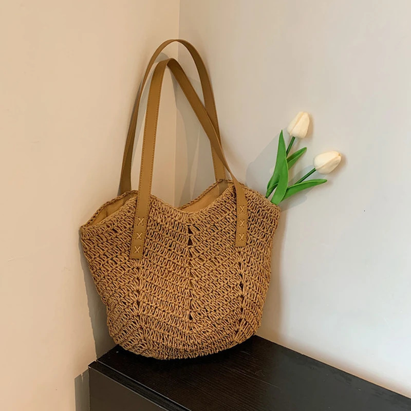 Summer Straw Bags for Women Shoulder Rattan Woven Top Handle Bag Hollow Raffia Crochet Beach Casual Handbags 250514
