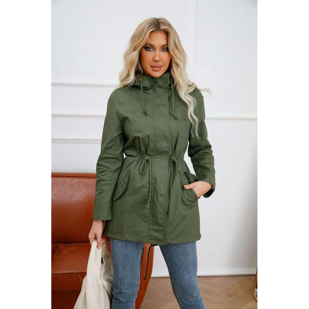 New Cotton Hooded Trench Coat Spring Autumn Jacket Zipper Loose Drawstring Solid Color Windbreaker Women's Clothing