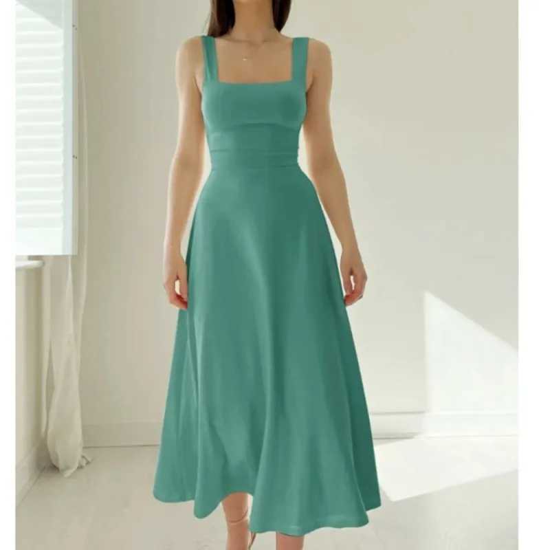 2025 Women Summer Dress Square Collar New Thick Shoulder Straps Slim Waist Dresses Solid Temperament Elegant Female DressesXJ250514